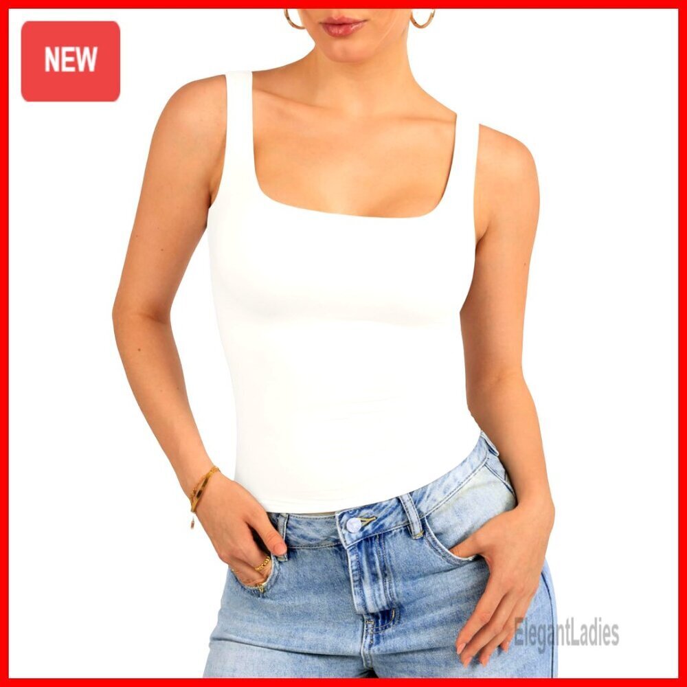 Double Lined Square Neck Tank Top Women's Stretch Sleeveless Basic Top
